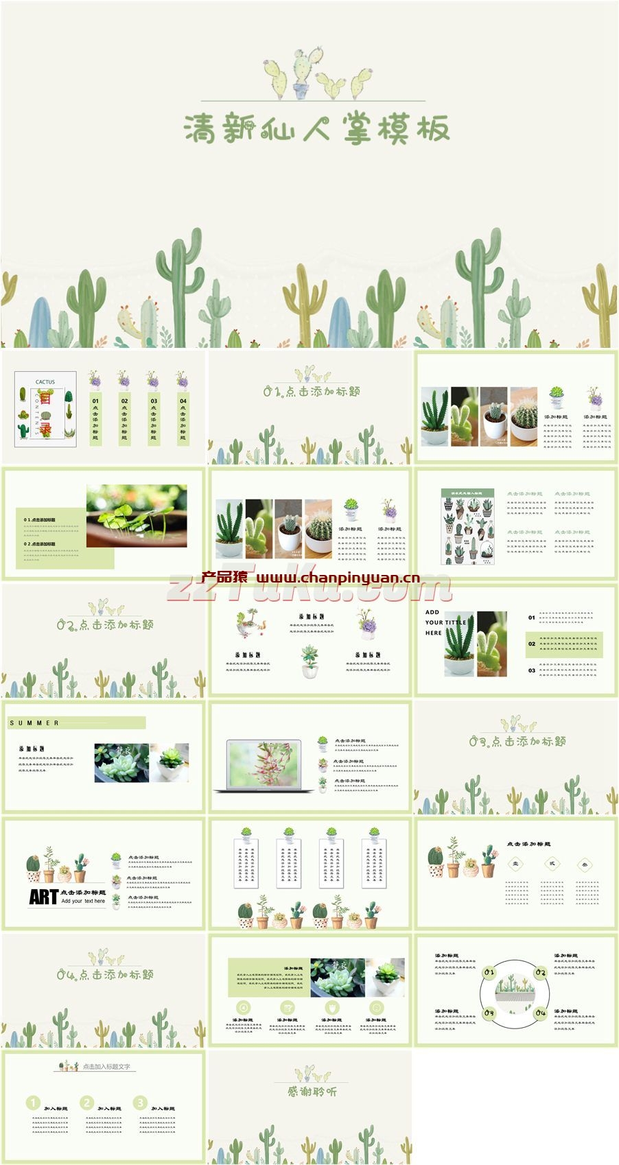 清新仙人掌多肉绿植宣讲PPT模板