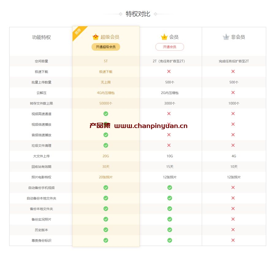 网站会员等级权限对比页面模板