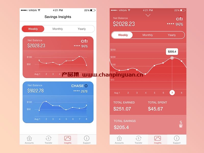 财务分析应用红色与蓝色UI界面Sketch模板